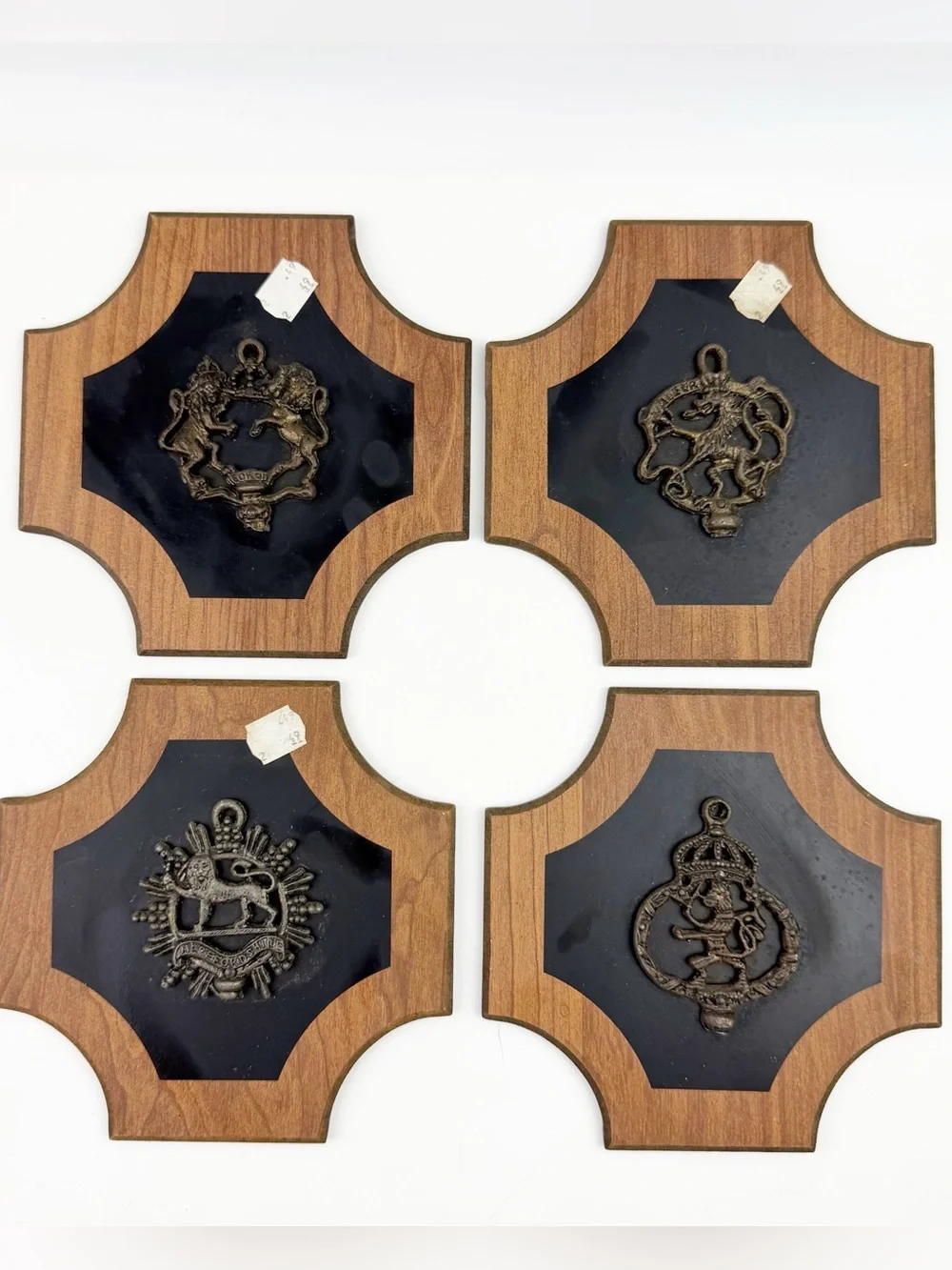 Vtg British Regimental Cap Badges on 4pc Wood Wall Decor Plaques Military Bar