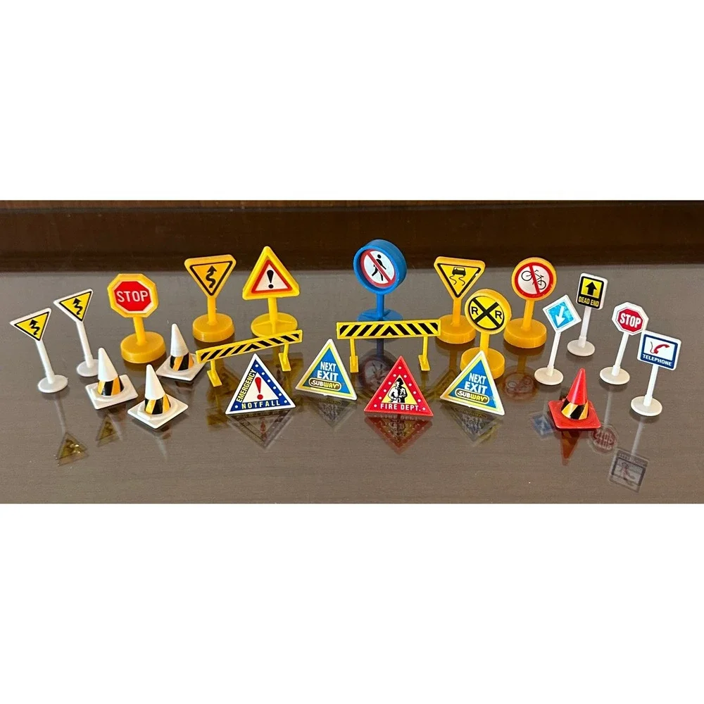 Vintage Miniature Plastic Road Signs Traffic Cones Barriers Toy Set 20+ Pieces