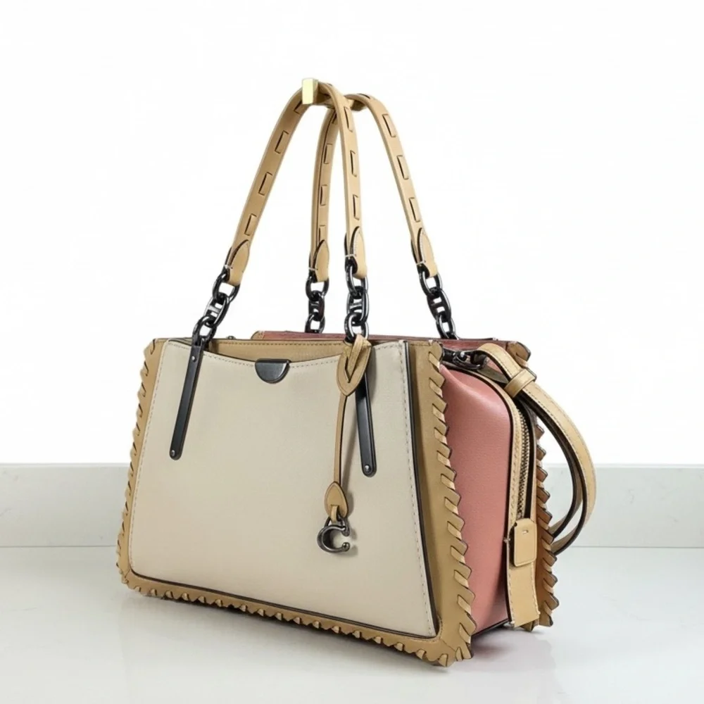 Coach Two-Tone Leather Tote in Cream and Pink with Tan Trim