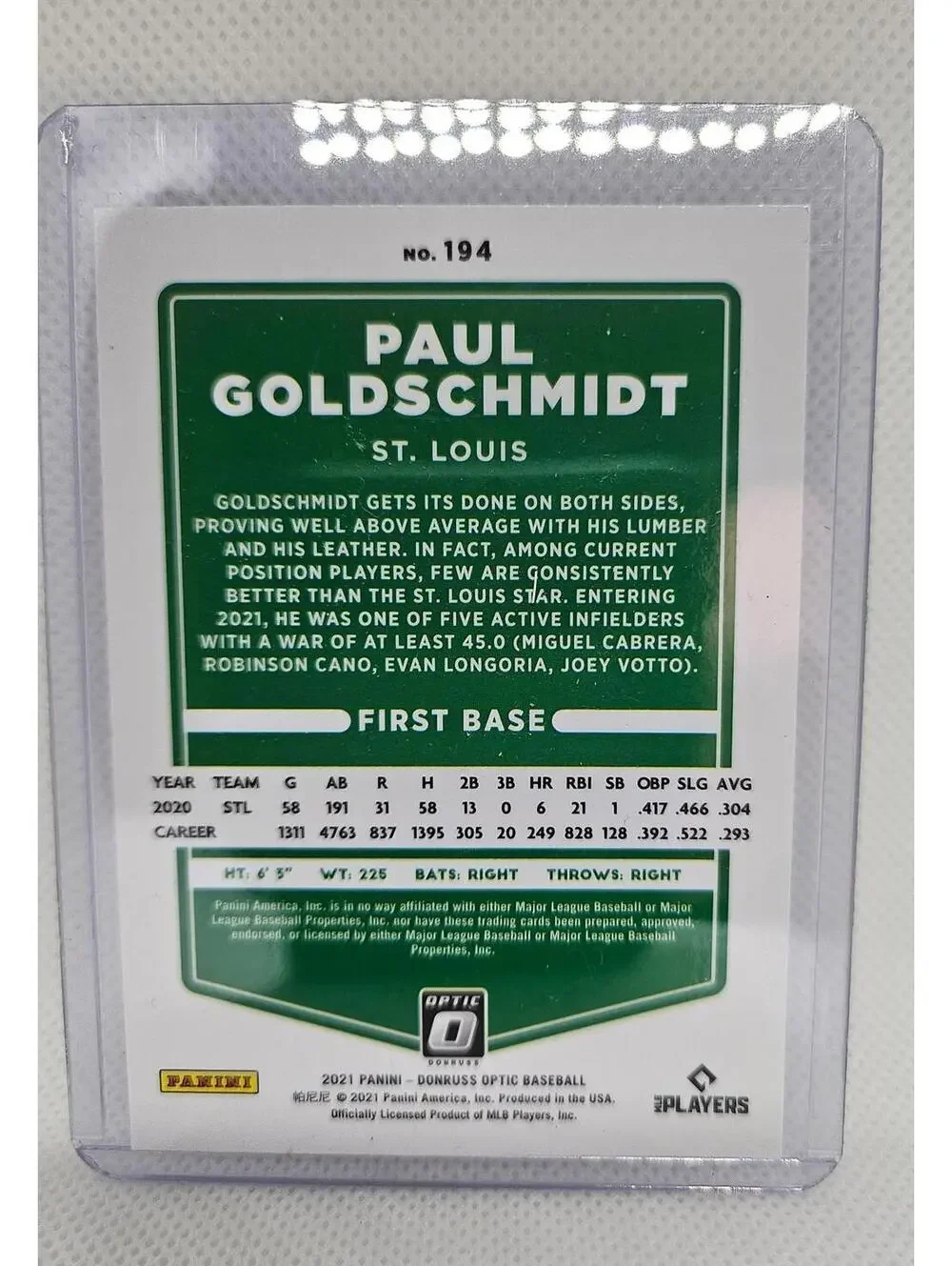 Paul Goldschmidt - 2021 Panini OPTIC insert - #194 - Cardinals - RAW Mint