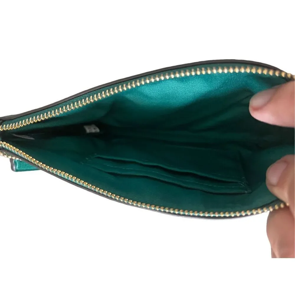 Coach Women's Green Solid Pebbled Leather Wrist Strap Zip Top Closure Wrislet