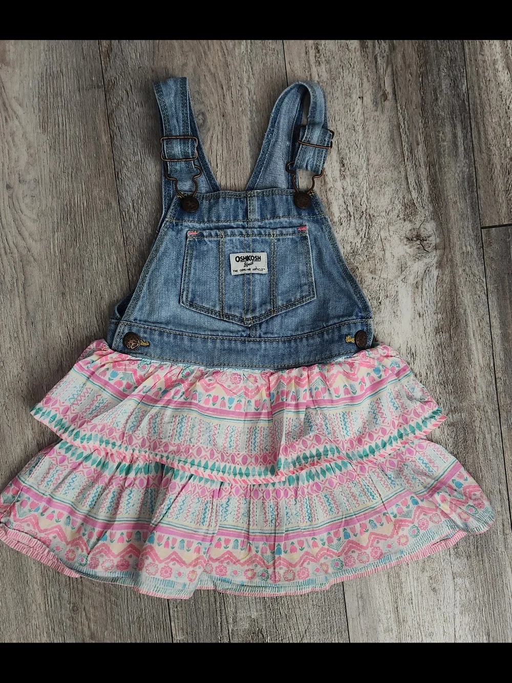 Vintage OshKosh B'gosh Denim Overall Dress with Pink and Mint Patterned Skirt