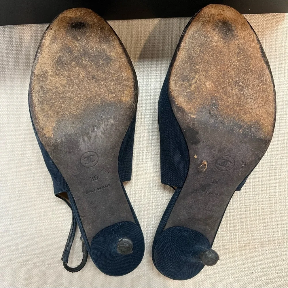 Chanel Vtg CC Logo Black Slingback Camelia Raffia Heels Peep Toe Shoes Y2W 8