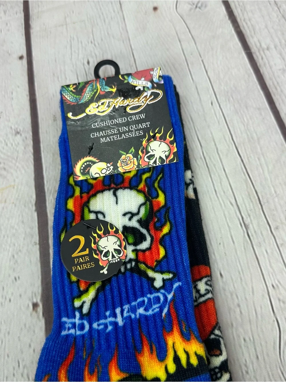 Ed Hardy Blue Black Skull & Flame Crew Socks