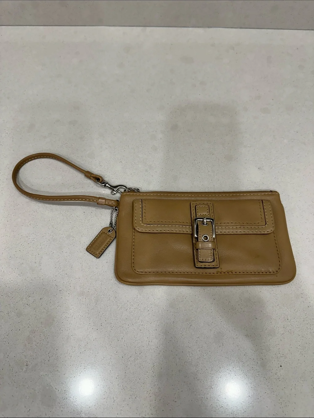 Coach Tan Leather Wristlet with Front Buckle