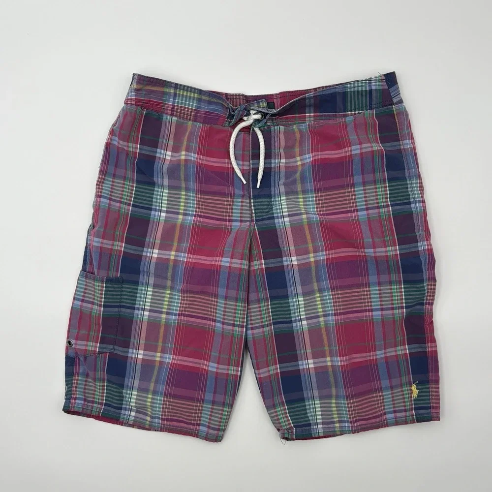 Polo Ralph Lauren Boys XL 18-20 Swim Trunks Plaid Madras Mesh Lined Pony