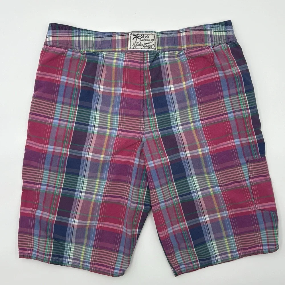 Polo Ralph Lauren Boys XL 18-20 Swim Trunks Plaid Madras Mesh Lined Pony