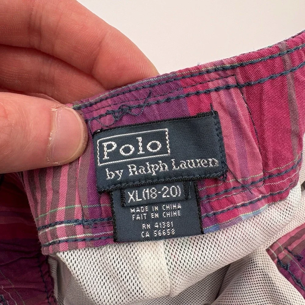 Polo Ralph Lauren Boys XL 18-20 Swim Trunks Plaid Madras Mesh Lined Pony