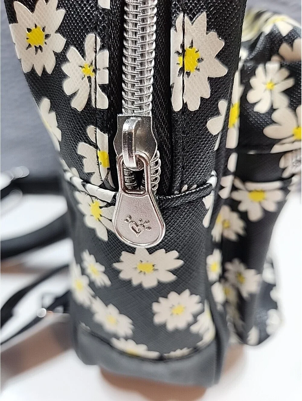 Justice mini backpack Black With Daisy, Approx 10x8, Zip Closure With Front Pock