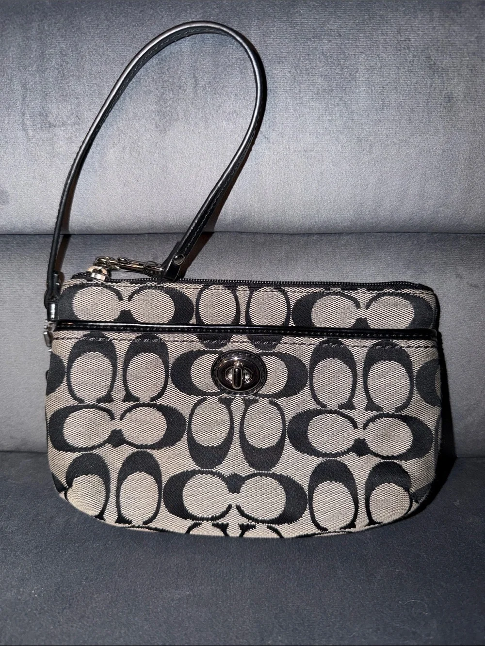 Coach Black and Tan Signature Wristlet with Turn-Lock
