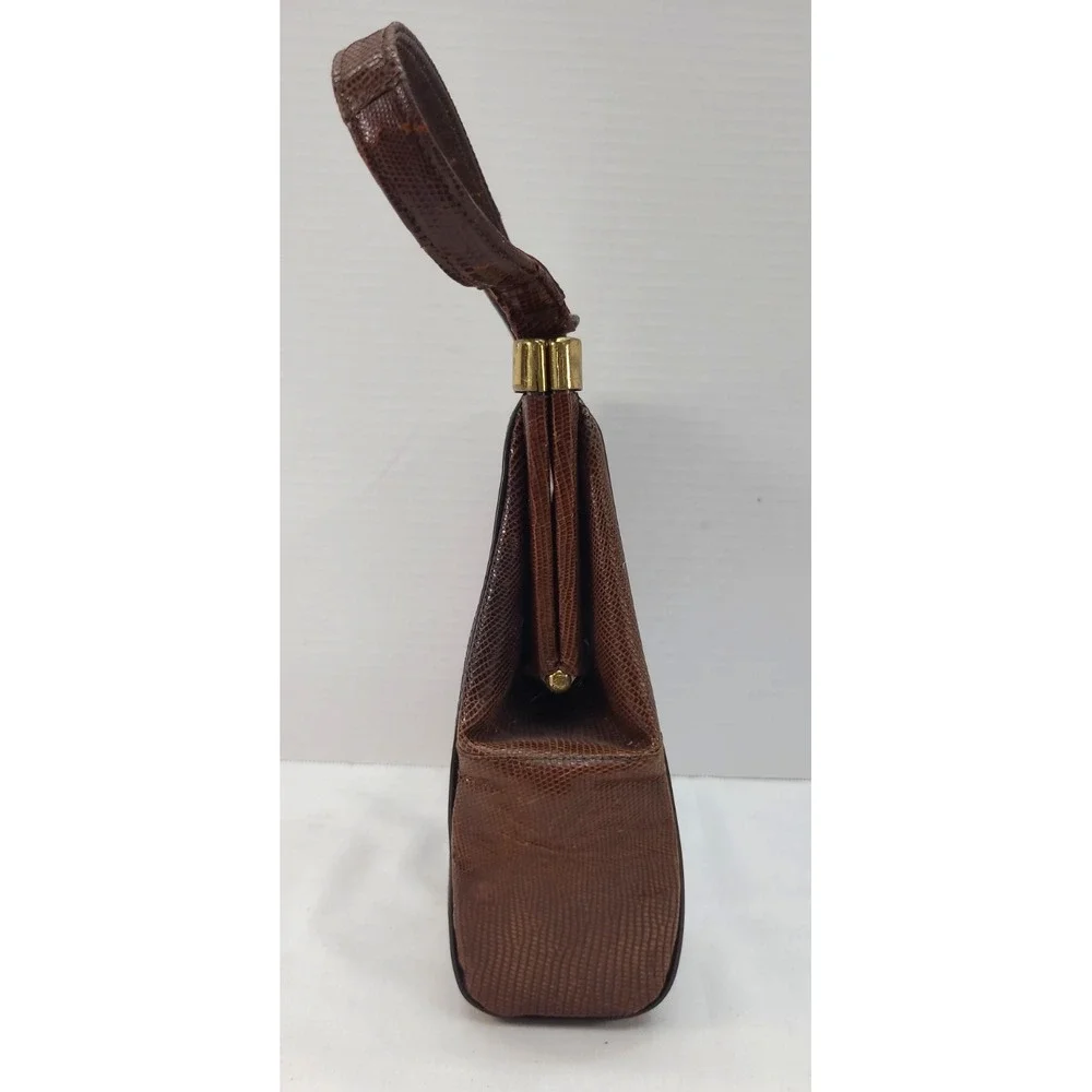 Vintag Brown Lizard Skin Handbag Goldtone Hardware Kiss Lock Closure