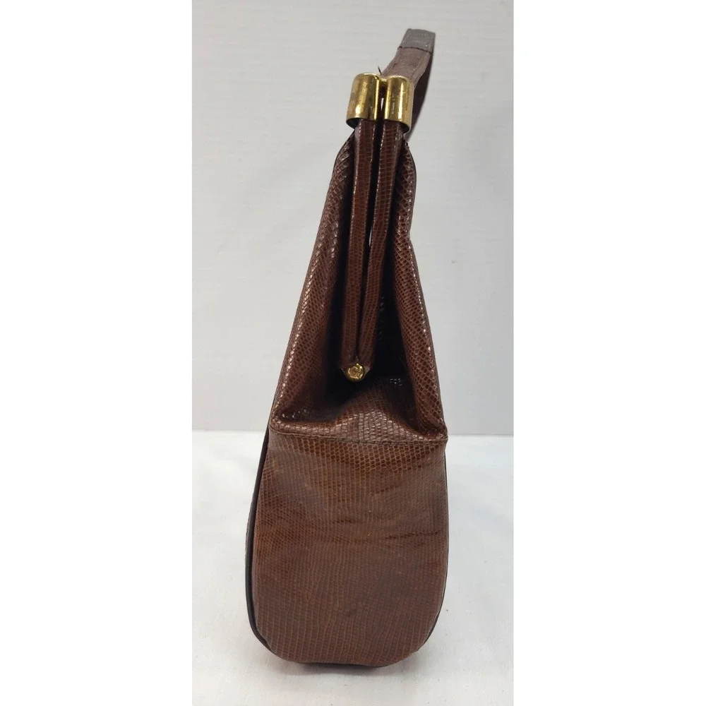 Vintag Brown Lizard Skin Handbag Goldtone Hardware Kiss Lock Closure