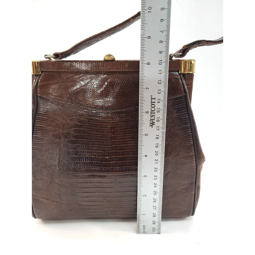 Vintag Brown Lizard Skin Handbag Goldtone Hardware Kiss Lock Closure