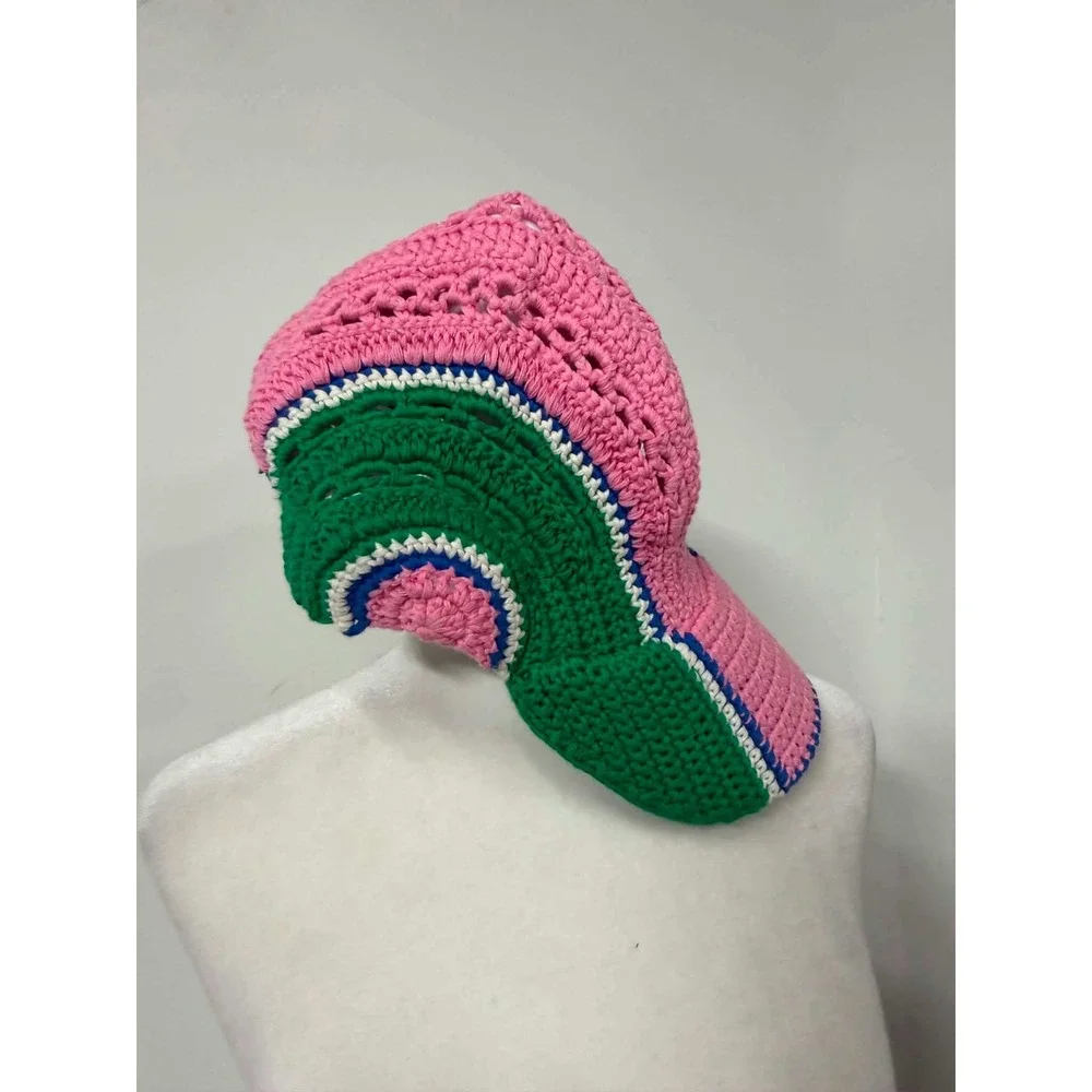 Urban Outfitters Ryders Pink Green Crochet Hat Cotton Knit Brimmed Cap Festival
