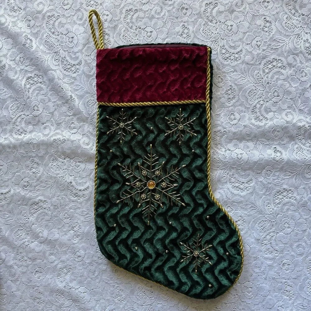 Set of 3 Velvet Christmas Stockings Beaded Snowflake Jewel Holiday‎ Decor