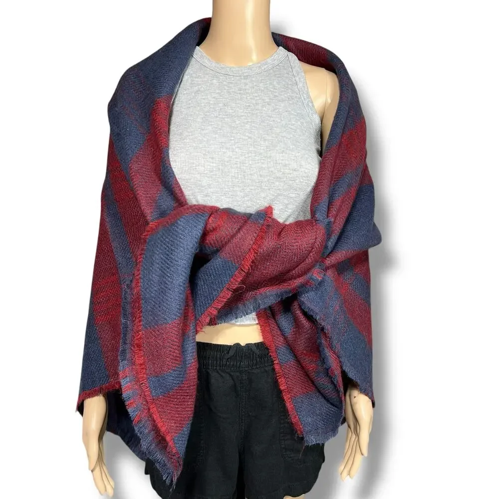 Womens Woven Knit Plaid Scarf Wrap with Fringe Blue Red Soft and Warm