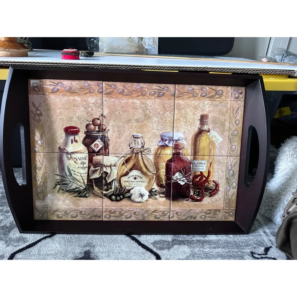 Unbranded Wooden Serving Tray Home OS Brown‎ Excellent Tiled Mediterranean Art