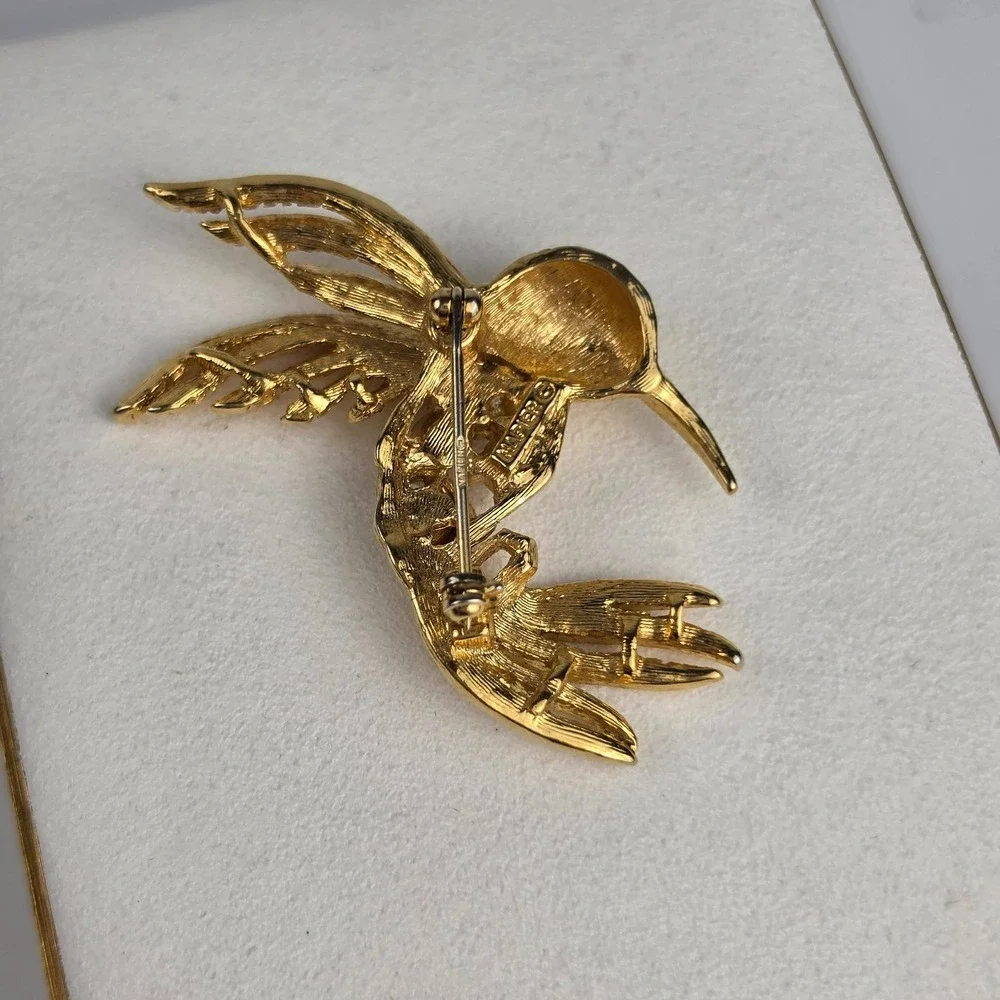 Napier Gold Tone Rhinestone Hummingbird Brooch
