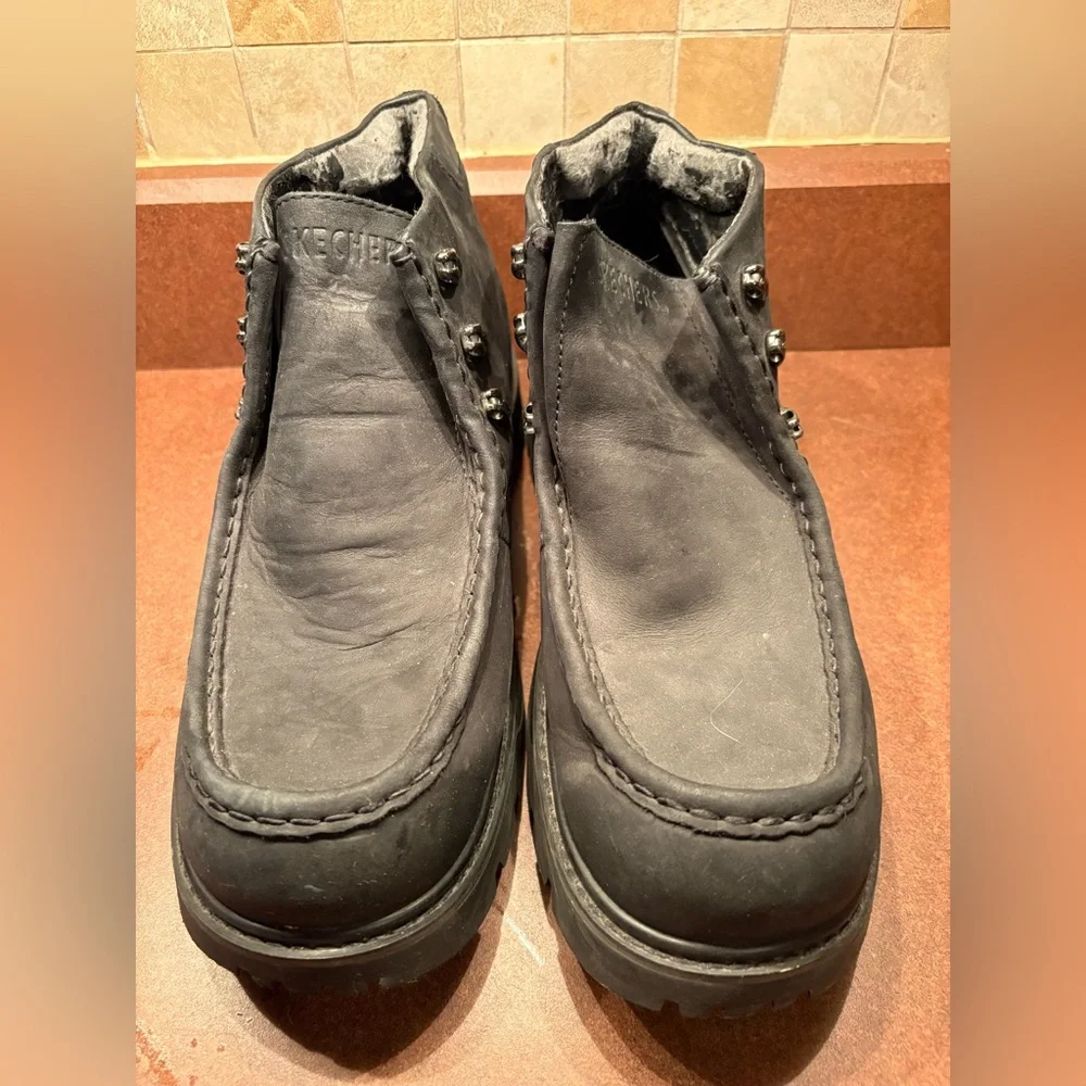 Skechers Mens Black‎ Leather Ankle Boots Moc Toe Lace Up Casual Work
