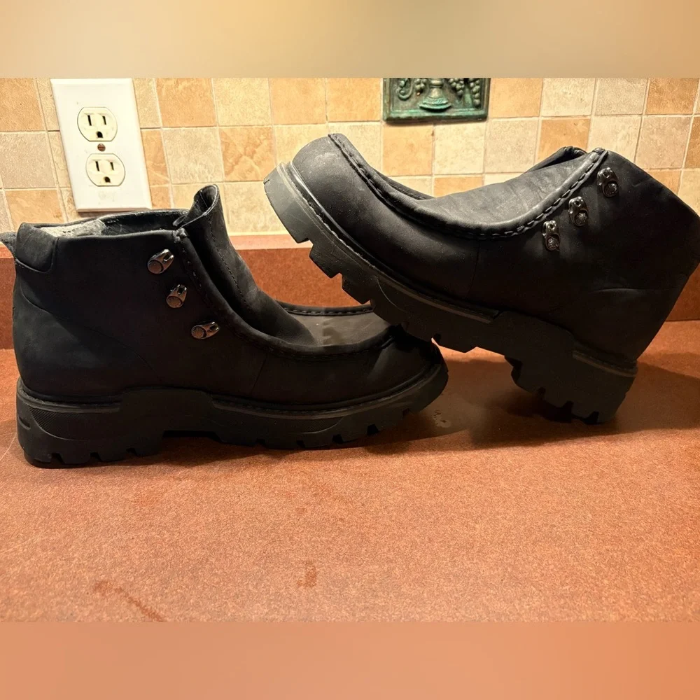 Skechers Mens Black‎ Leather Ankle Boots Moc Toe Lace Up Casual Work