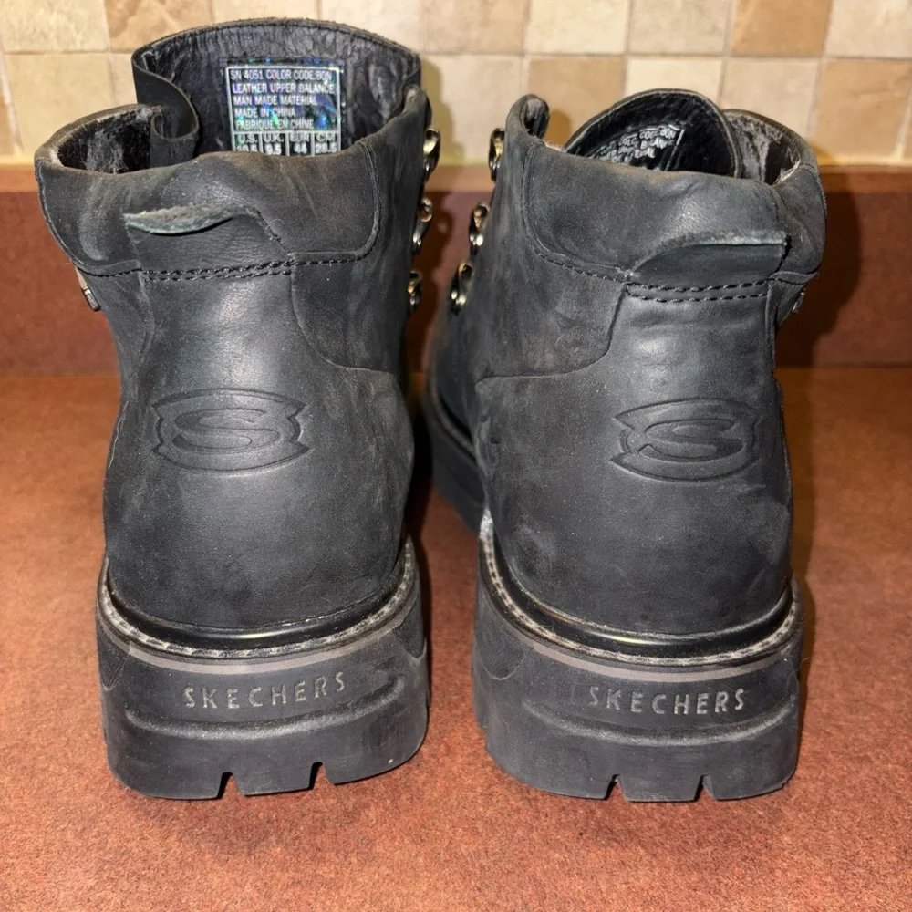Skechers Mens Black‎ Leather Ankle Boots Moc Toe Lace Up Casual Work