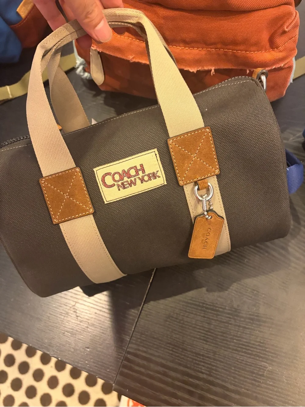 Coach Black Canvas Tote with Cream Straps and Brown Leather Trim new with tag