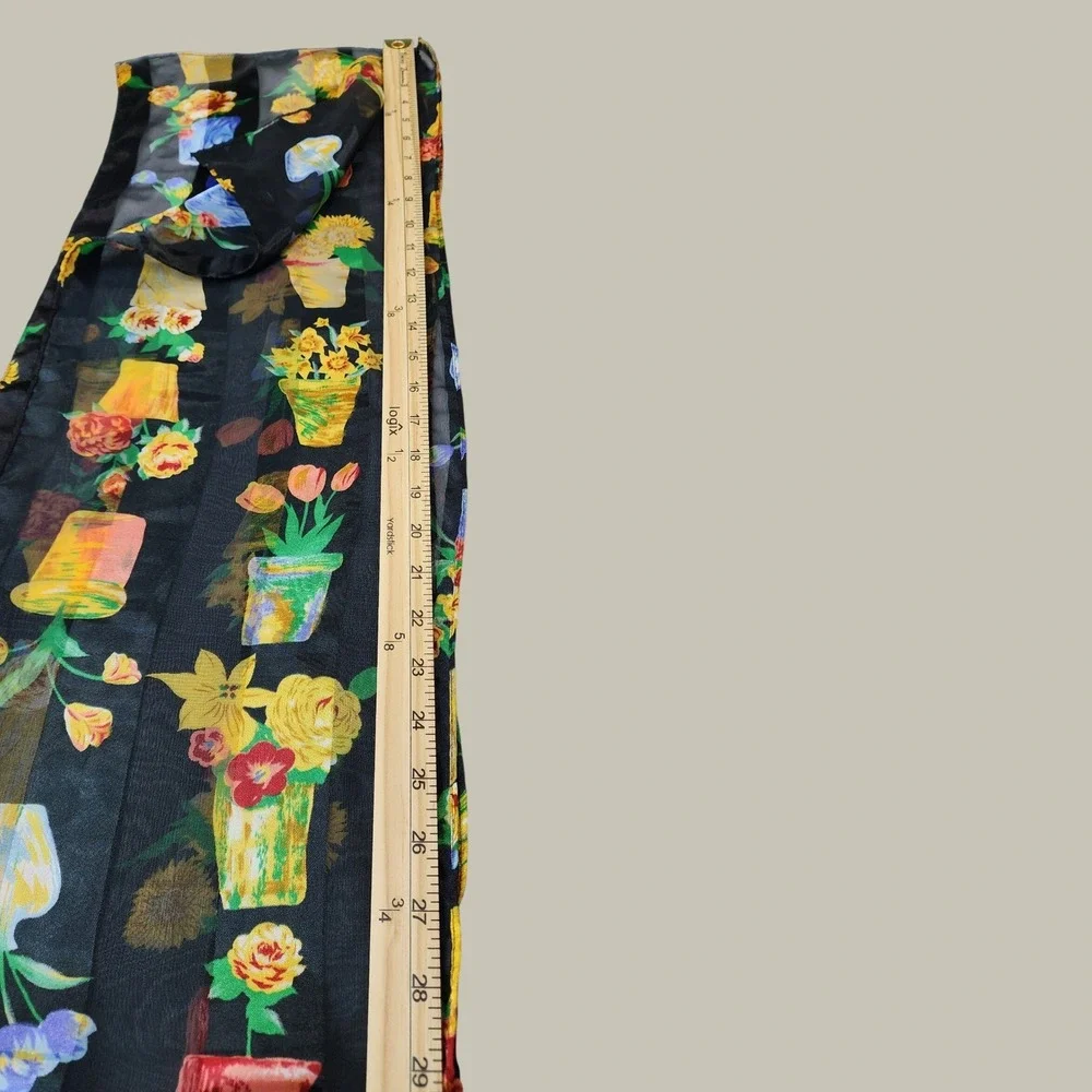 Beatrix Potter Floral Scarf Black Botanical Print Sheer Stripes Boho Cottagecore
