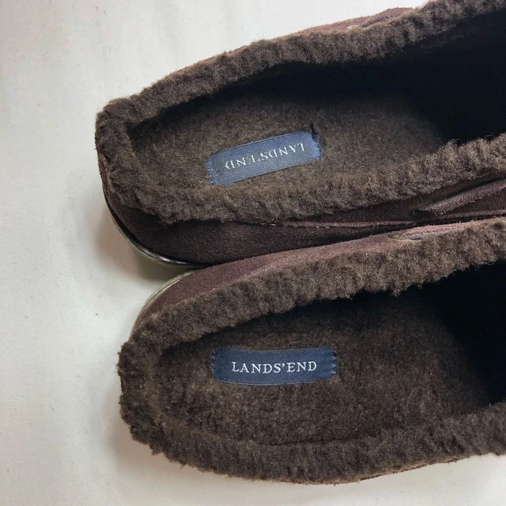 Lands' End Women's Leather Chalet Tassel‎ Fur Lining Brown Mules Clogs 8B