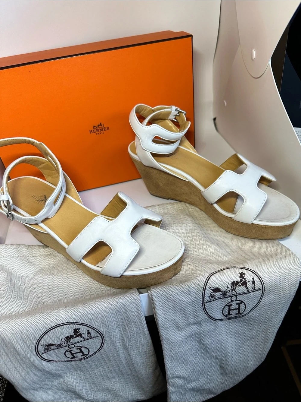 Hermes White Leather Platform Sandals
