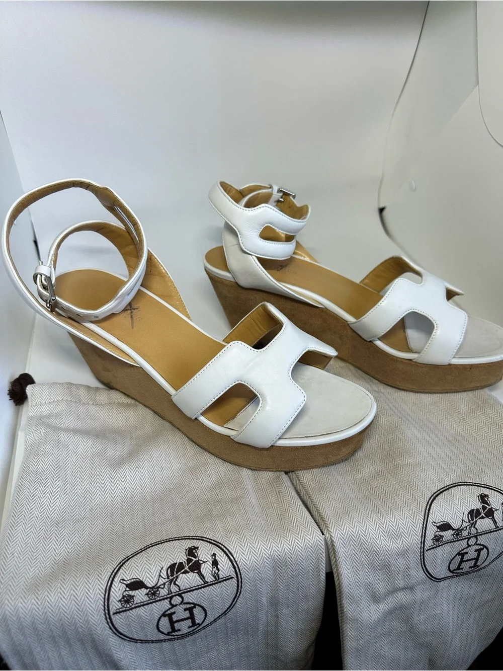 Hermes White Leather Platform Sandals