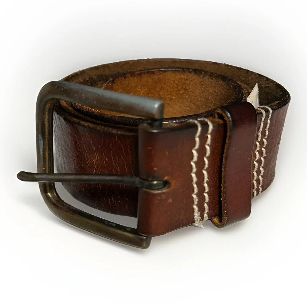 Vintage Y2K American Eagle Leather Belt Mens 34 Brown Brass Buckle Preppy