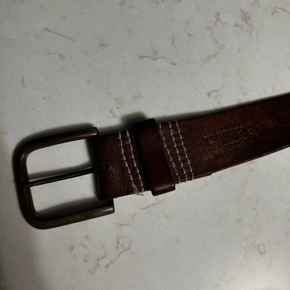 Vintage Y2K American Eagle Leather Belt Mens 34 Brown Brass Buckle Preppy