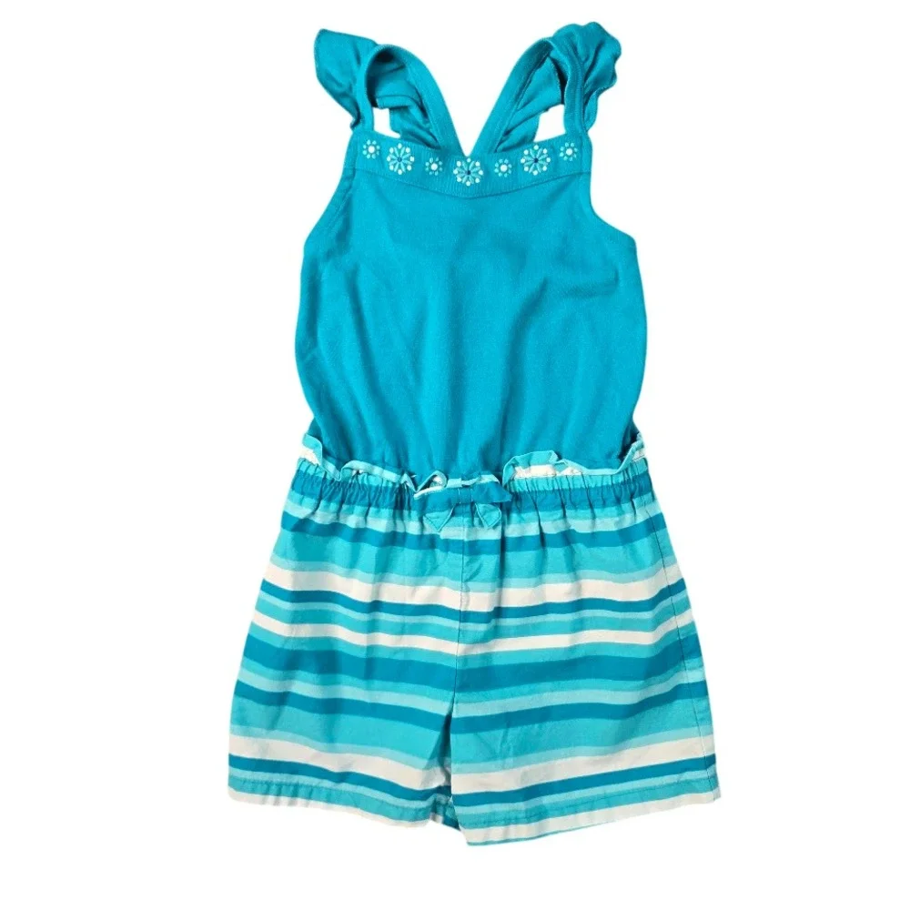 Gymboree‎ Romper Girls 6 Blue Striped Floral Ruffle Summer Coastal Beach