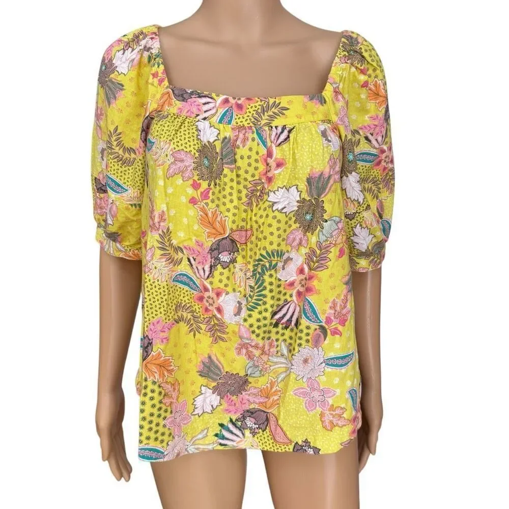 LOFT linen blend Yellow Floral Peasant Colorful Abstract blouse puff sleeves M