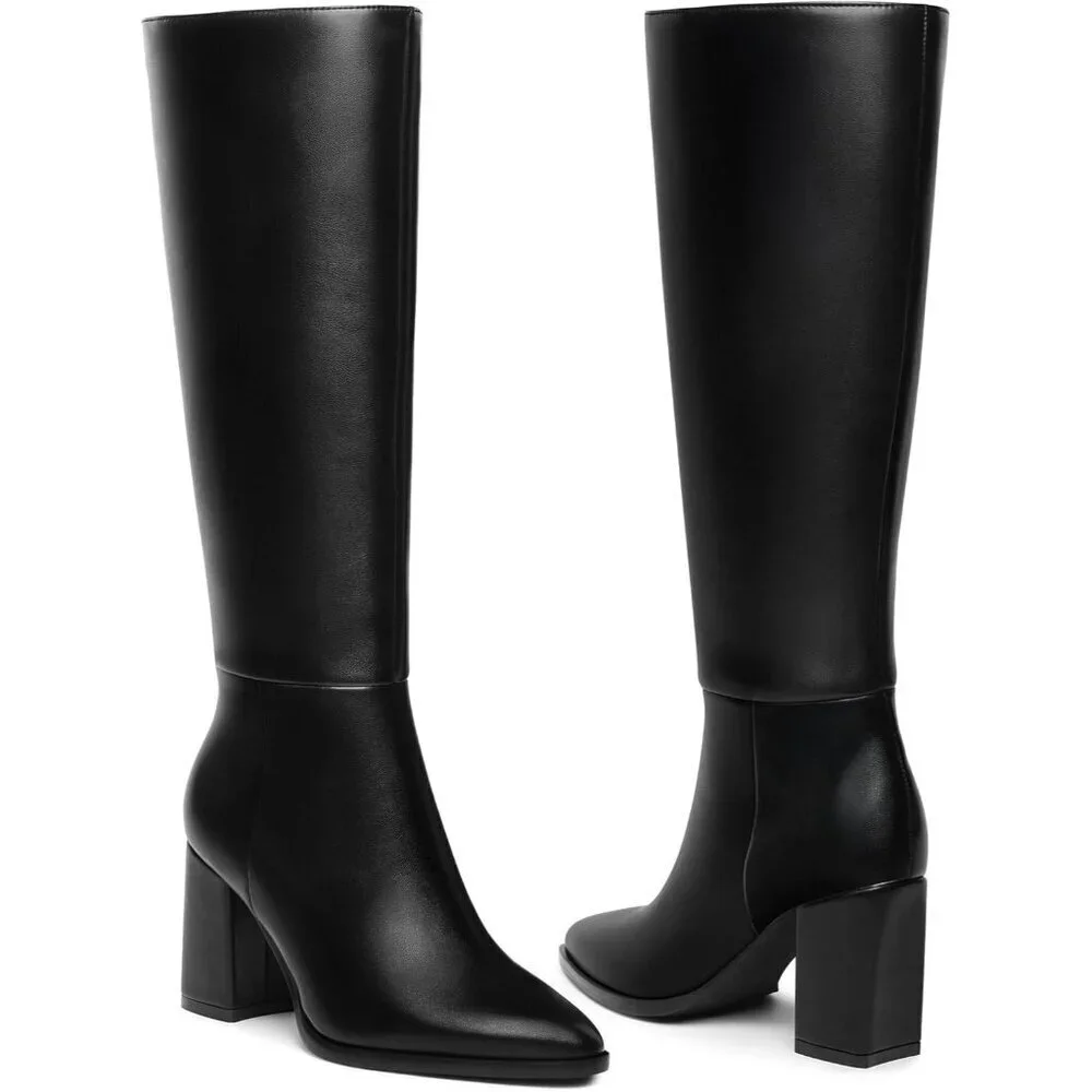 Women's Black Classic Chunky Heel Pointed Toe High Heel Side Zipper Tall Boot