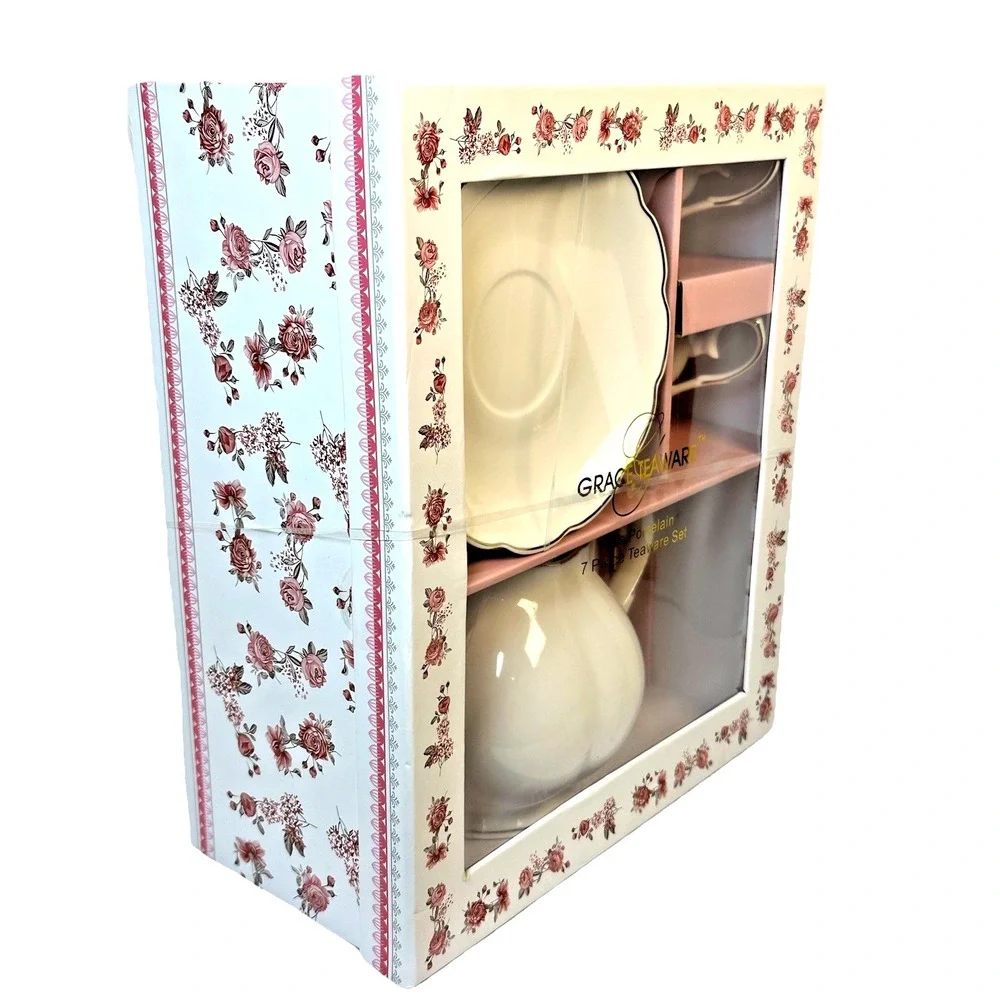 Grace Teaware Fine Porcelain 7-Piece Tea Time Gift Set Teapot Cups Saucers New