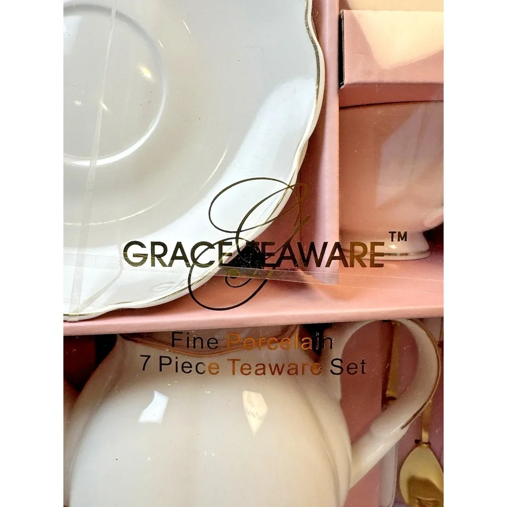 Grace Teaware Fine Porcelain 7-Piece Tea Time Gift Set Teapot Cups Saucers New