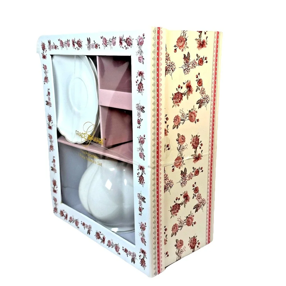 Grace Teaware Fine Porcelain 7-Piece Tea Time Gift Set Teapot Cups Saucers New