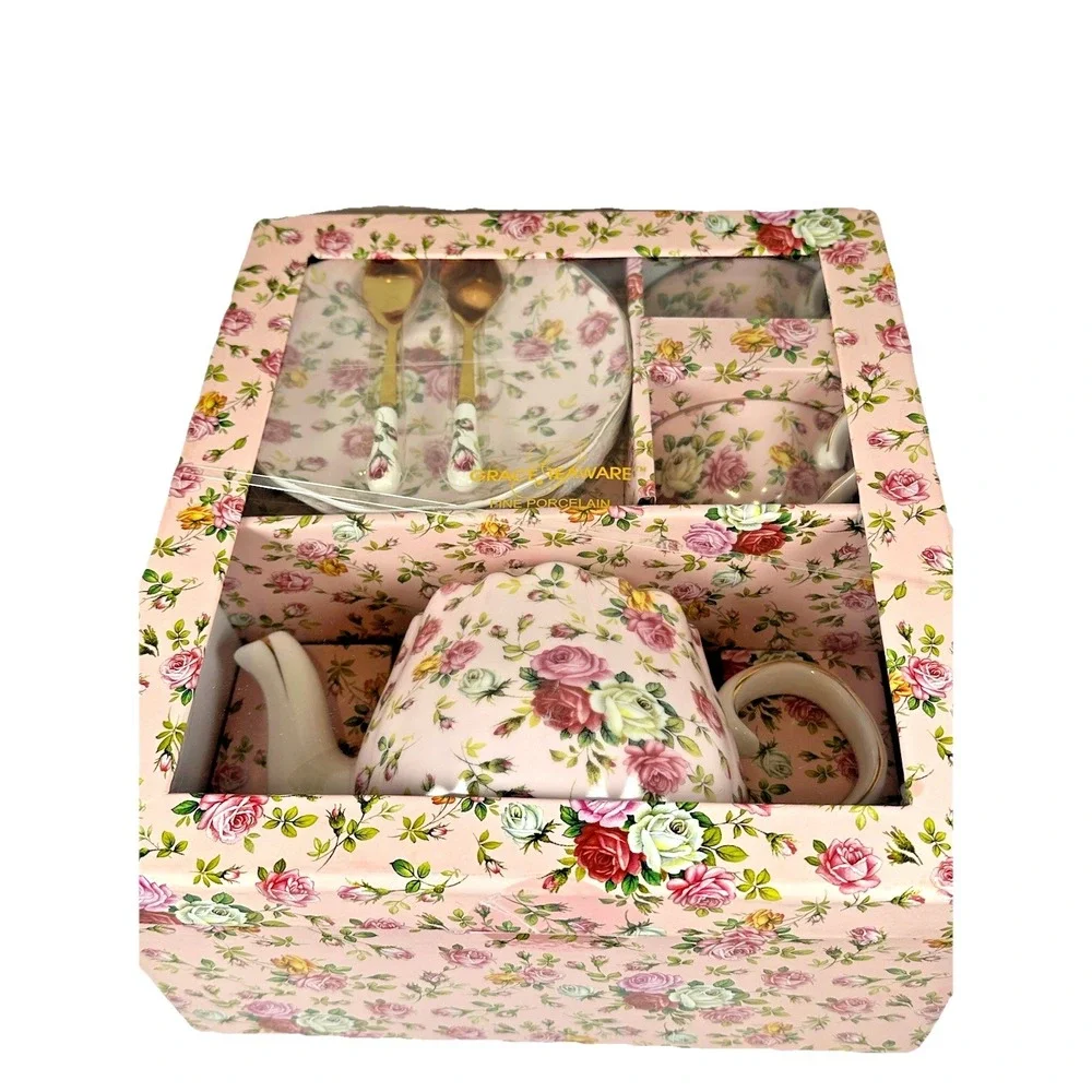 Grace Teaware Pink Vintage Rose 7 Piece Tea Time Gift Set Teapot Cups Saucers Ne