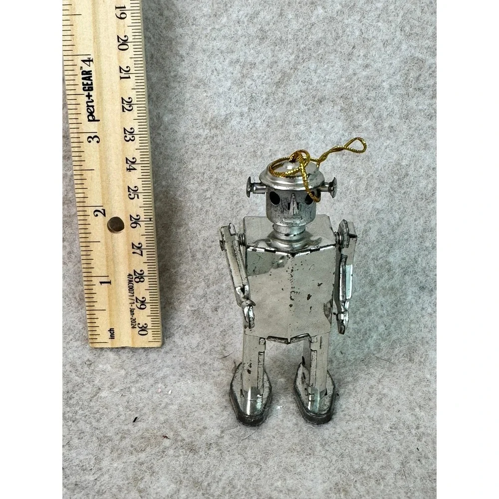 Silver Atomic Robot Christmas Ornament Wind Up Style‎ Tin Toy Retro