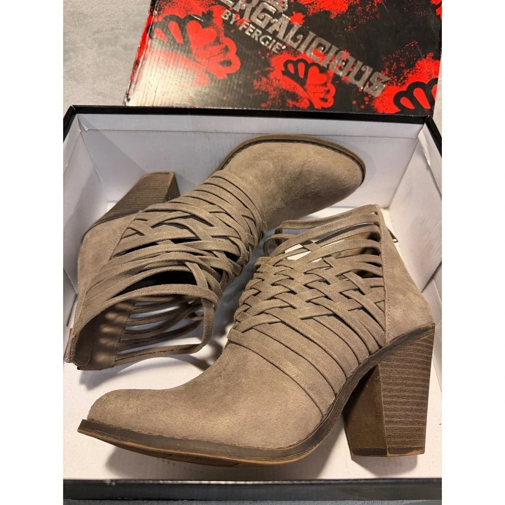 Fergalicious by Fergie Weever Doe Taupe Woven Strappy Ankle Boots Womens‎ 10 M