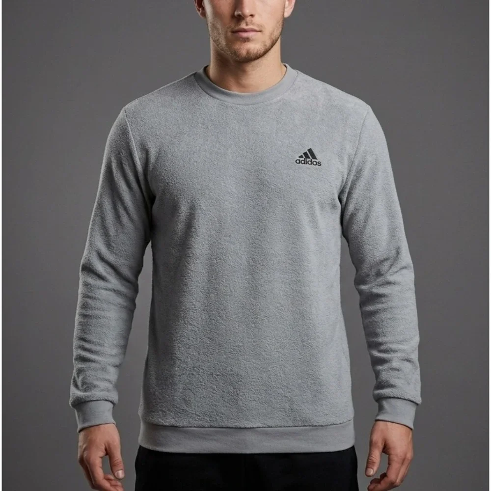 Adidas Sweatshirt Men's L Gray Fleece Terry Crew Neck Long Sleeve Pullover Logo‎