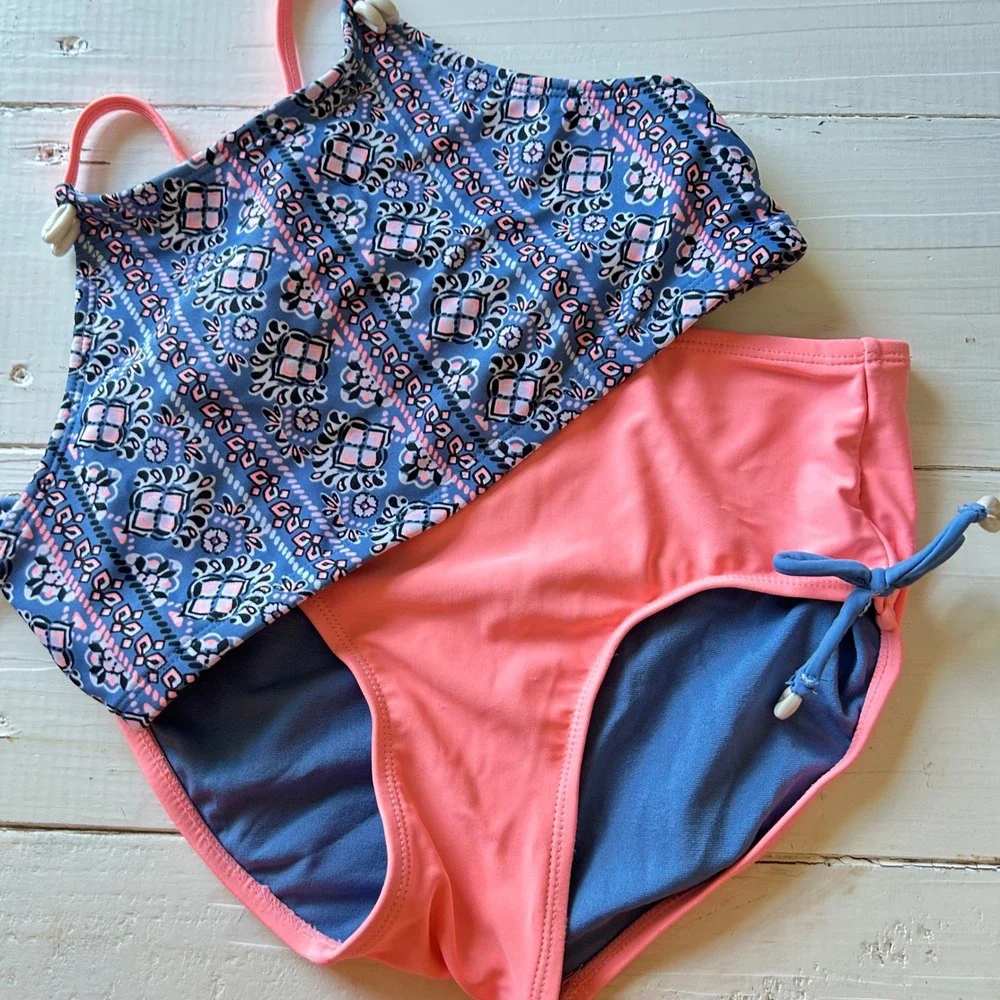 Justice Girls Size‎ 12 High Neck Bikini Set Blue Pink Geometric Medallion Print