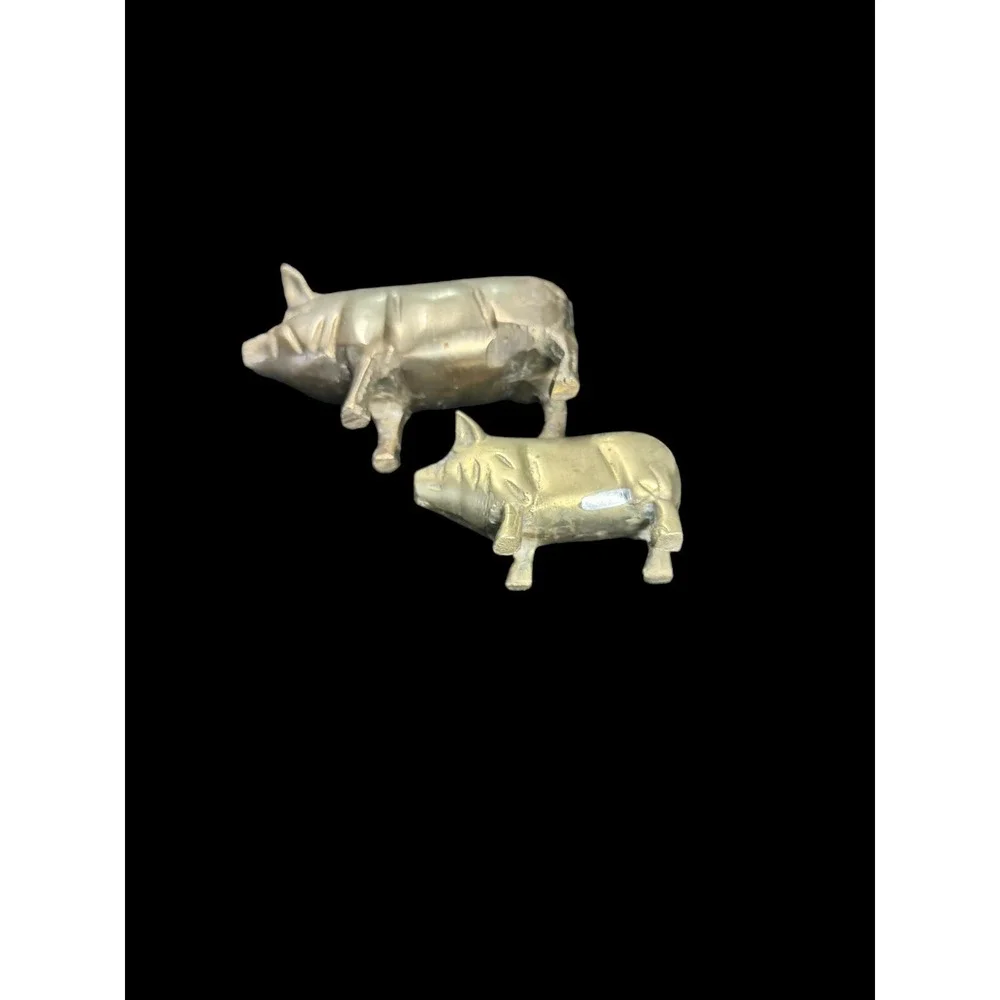 Old Vintage Solid Brass Set Pigs Figurine Metal Piggy Hog Farm Animal 4.25