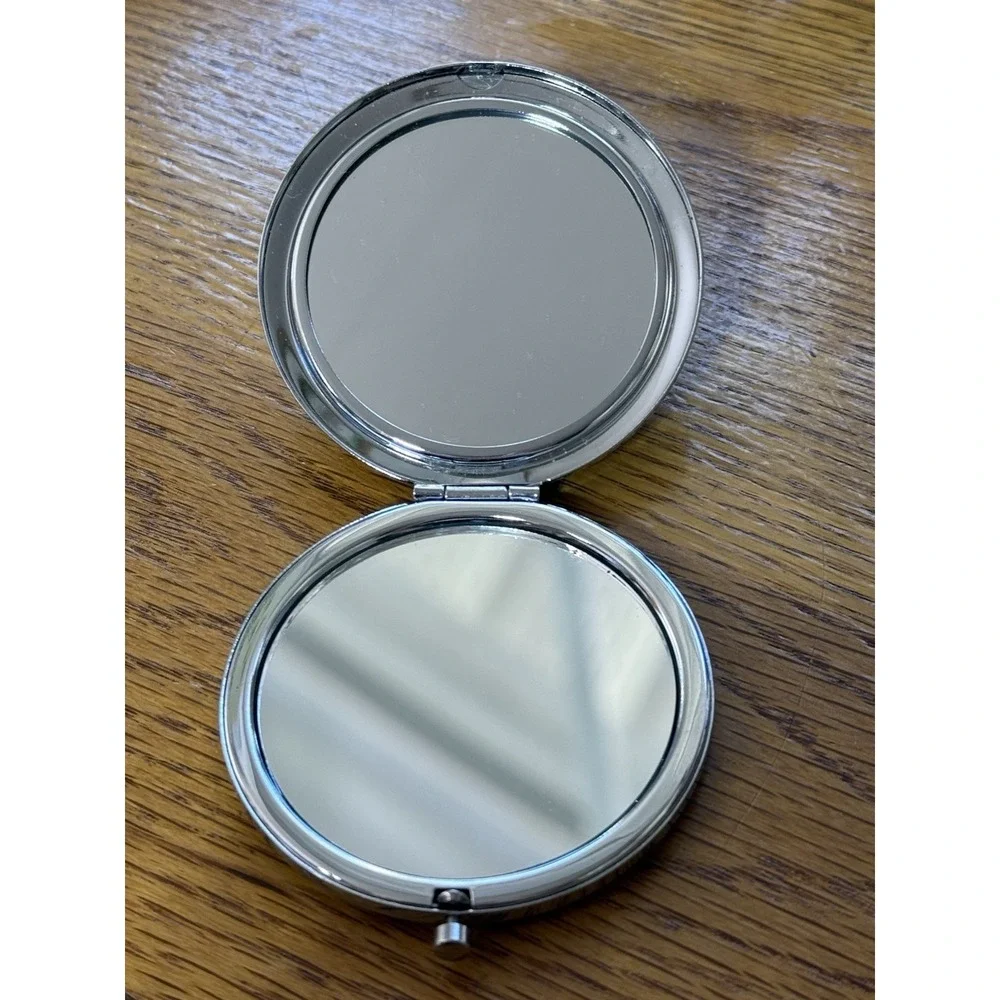 Compact Retro Mirror Silver Tone Bejeweled 2.75