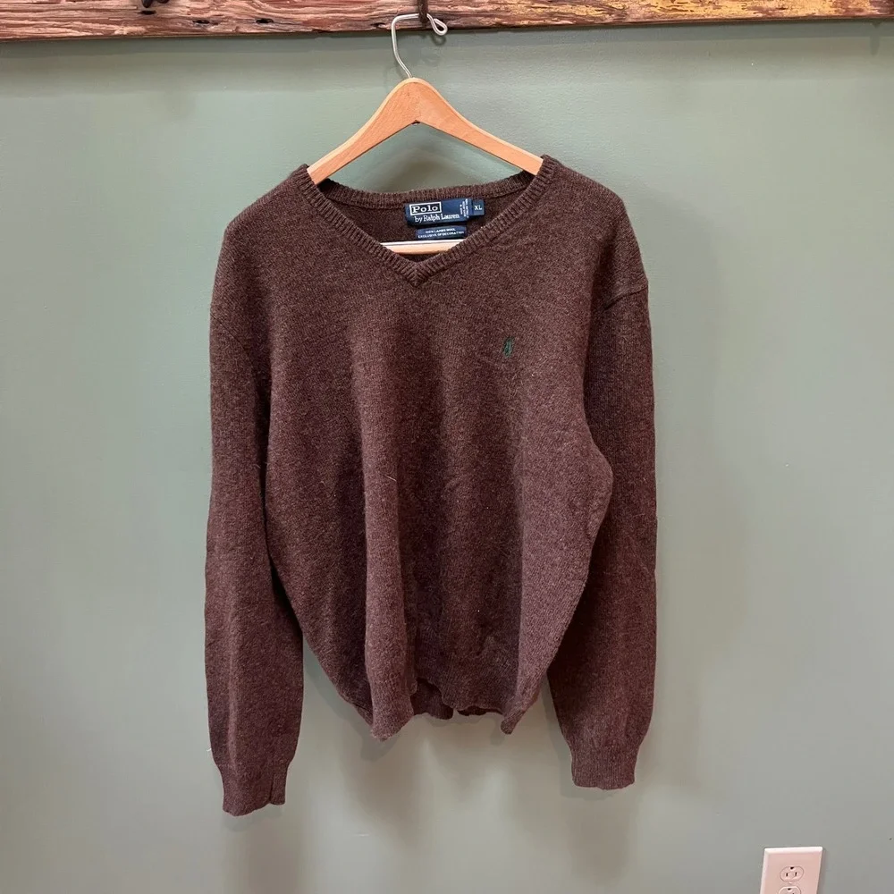 Polo Ralph Lauren Mens Brown Lambswool V Neck‎ Sweater XL Extra Large