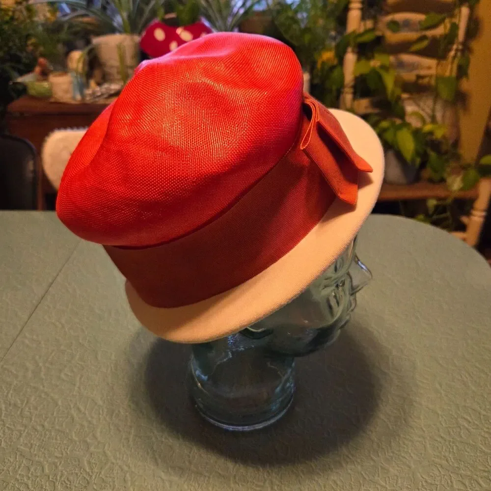 Vintage 1950s Pillbox Hat Ellen Faith Paris-New York Red Avant Garde Straw Small