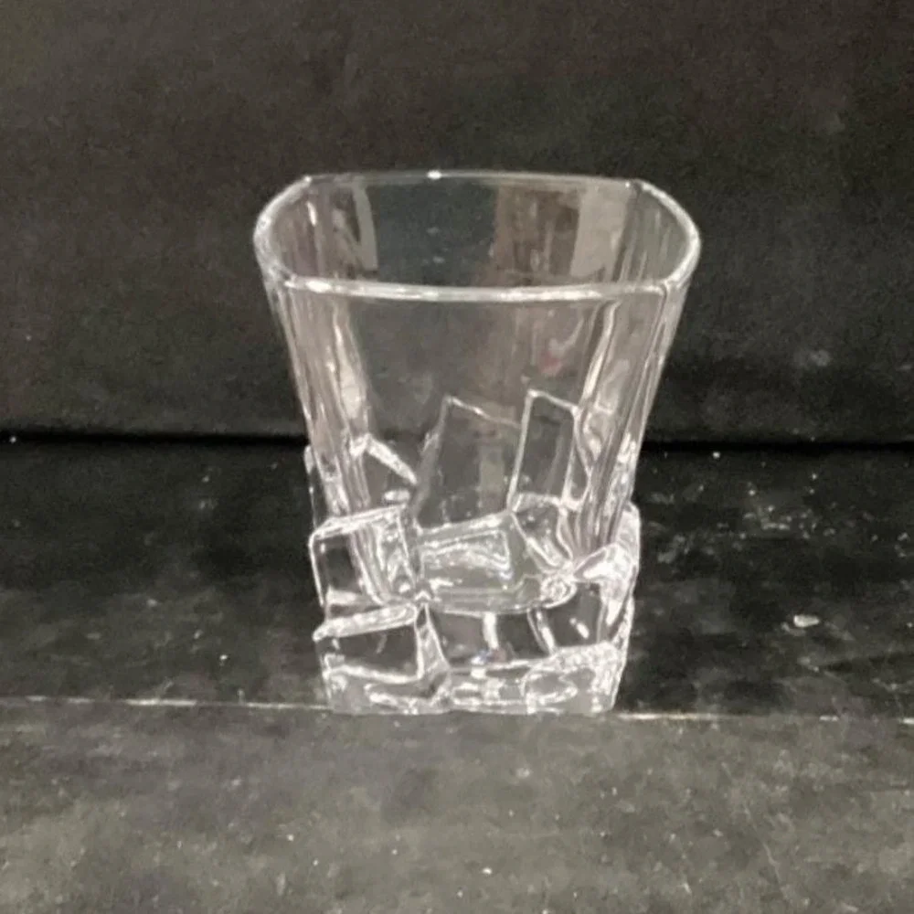 Ice Cube Sculpted‎ Rocks Glass, Vintage Square Whiskey Tumbler, Clear Barware