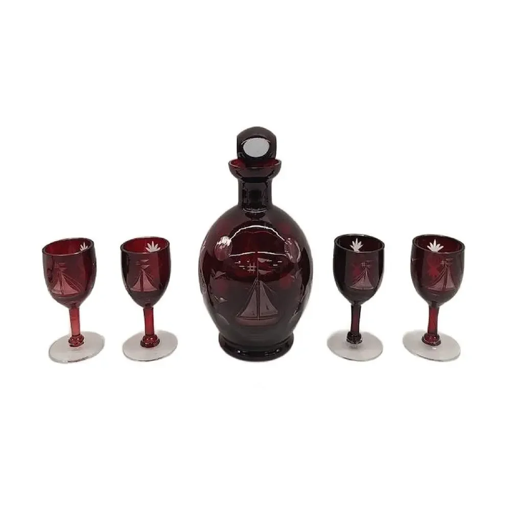 Mid Century Bohemia Cut to Clear Ruby Red Stemmed Cordial Decanter Set