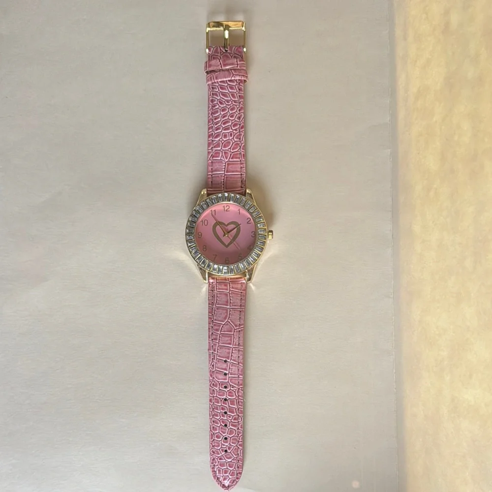 PINK Vegan Croc Band Embellished Face Wrist Watch NWOT
